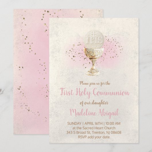 Invitation first communion  FAUX glitter and pink watercolor (Devant / Derrière)