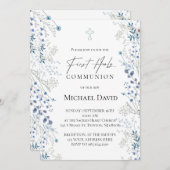 Invitation First Communion small blue watercolor flowers (Devant / Derrière)