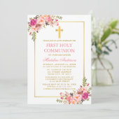 Invitation First Communion Watercolor Pink Blush Floral Gold (Debout devant)