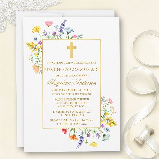 Invitation First Communion Watercolor Wildflowers Gold 