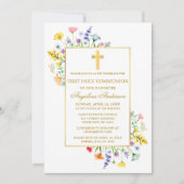 Invitation First Communion Watercolor Wildflowers Gold  (Devant)
