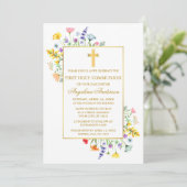 Invitation First Communion Watercolor Wildflowers Gold  (Debout devant)