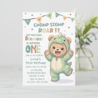 Invitation First Dino Birthday Party Cute Teddy Bear Dinosaur