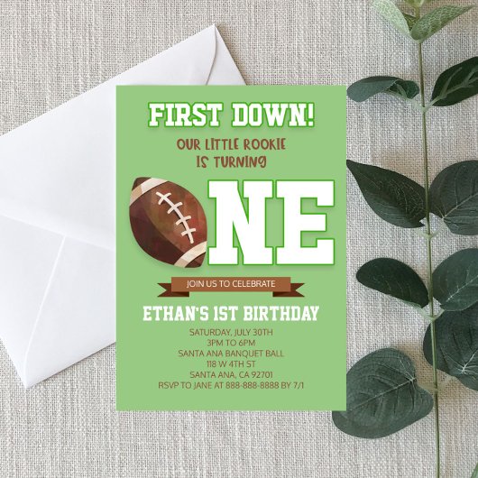 Invitation First Down Football Green ONE 1er anniversaire fêt