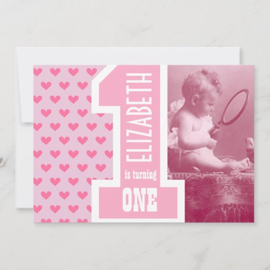 Invitation First Girl Baby Birthday Ajouter un coeur rose pho (Devant)