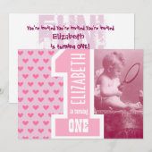 Invitation First Girl Baby Birthday Ajouter un coeur rose pho (Devant / Derrière)