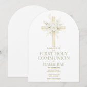 Invitation First Holy Communion Arched Invite, Floral Cross  (Devant / Derrière)