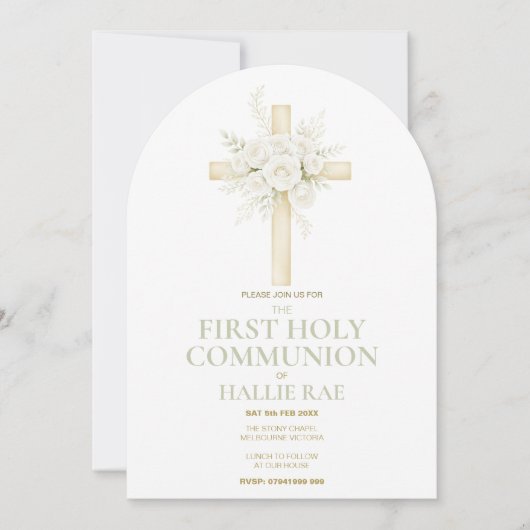 Invitation First Holy Communion Arched Invite, Floral Cross  (Devant)
