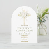 Invitation First Holy Communion Arched Invite, Floral Cross  (Debout devant)