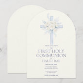 Invitation First Holy Communion, Blue Floral Cross Arched (Devant / Derrière)