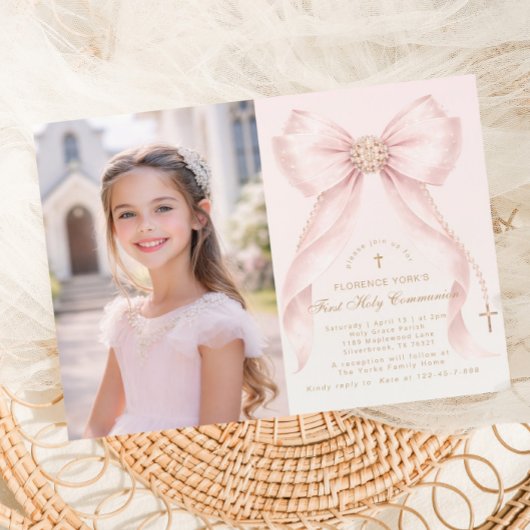Invitation First Holy Communion Blush Pink Bow Christian