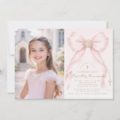 Invitation First Holy Communion Blush Pink Bow Christian (Devant)