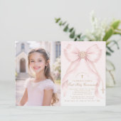 Invitation First Holy Communion Blush Pink Bow Christian (Debout devant)