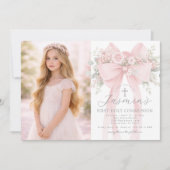 Invitation First Holy Communion Blush Pink Bow Photo (Devant)