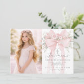 Invitation First Holy Communion Blush Pink Bow Photo (Debout devant)