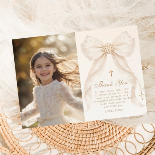 Invitation First Holy Communion Bow Photo Thank you Card