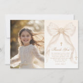 Invitation First Holy Communion Bow Photo Thank you Card (Devant)