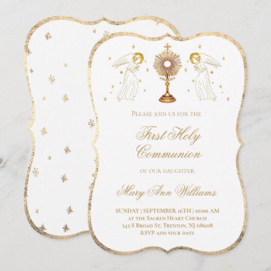 Invitation First Holy Communion catholic angels Eucharist (Devant / Derrière)