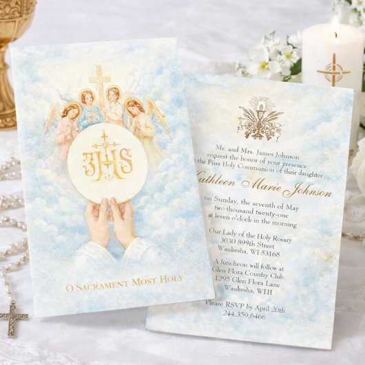 Invitation First Holy Communion Catholic Priest Host Angels