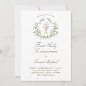 Invitation First Holy Communion chalice greenery crest (Devant)