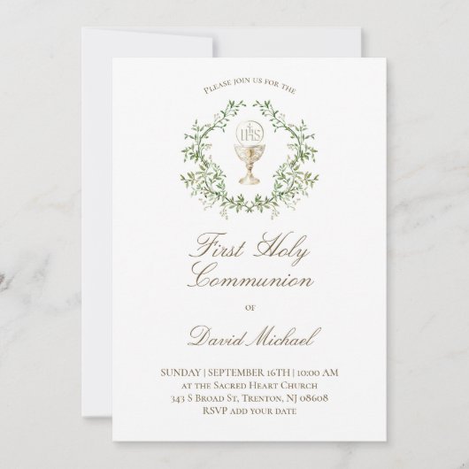Invitation First Holy Communion chalice greenery crest (Devant)