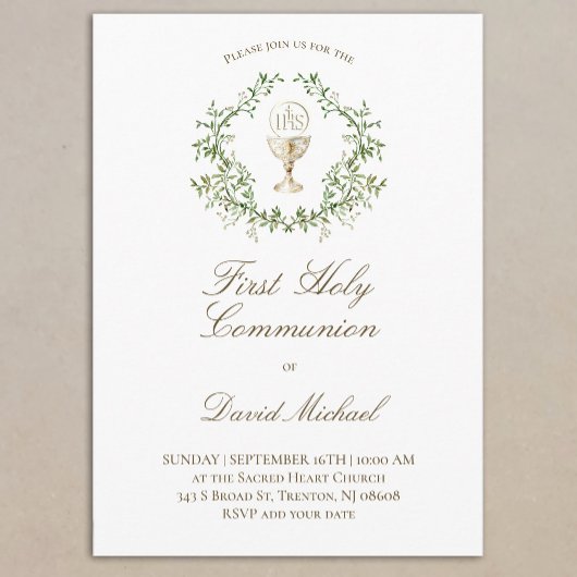 Invitation First Holy Communion chalice greenery crest