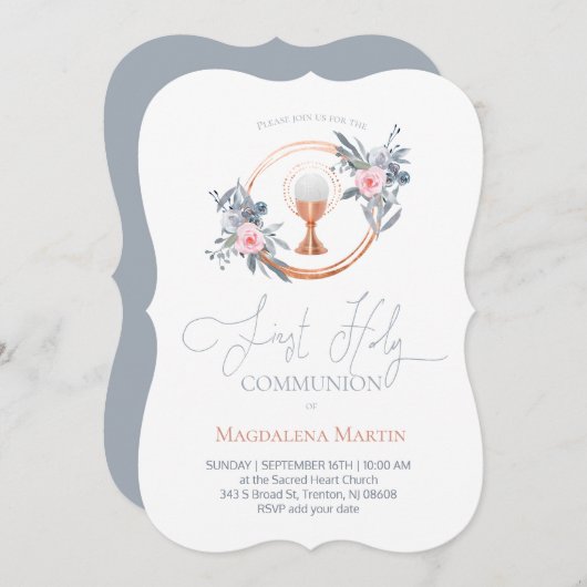 Invitation First Holy Communion girl décoration florale Invit (Devant / Derrière)