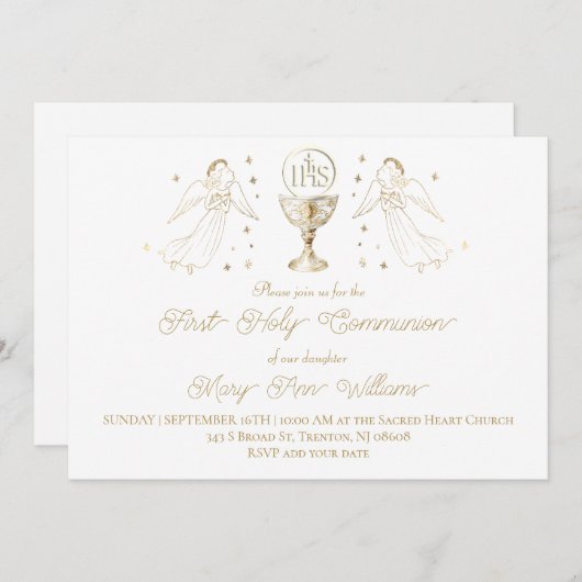 Invitation First Holy Communion golden angels Chalice Host (Devant / Derrière)