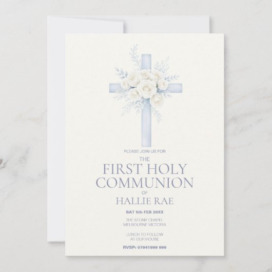 Invitation First Holy Communion Invite, Blue Floral Cross (Devant)