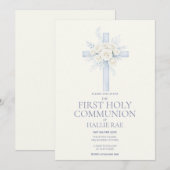 Invitation First Holy Communion Invite, Blue Floral Cross (Devant / Derrière)