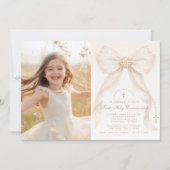 Invitation First Holy Communion Ivory Bow Pearls Photo (Devant)
