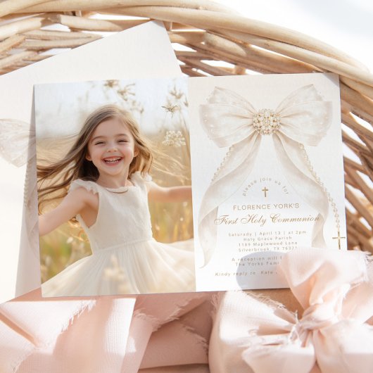 Invitation First Holy Communion Ivory Bow Pearls Photo