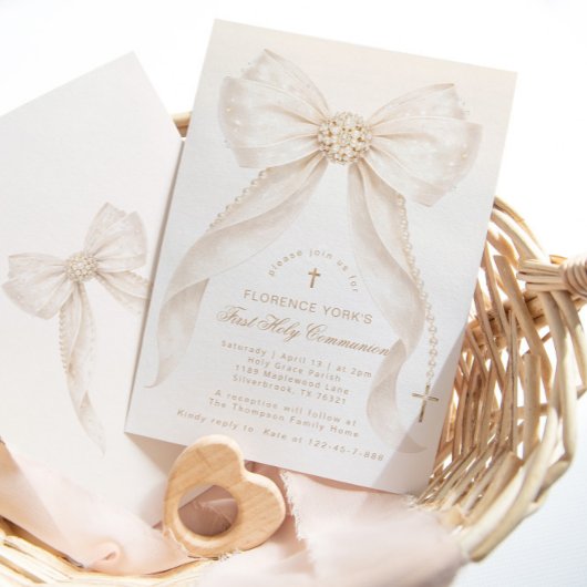 Invitation First Holy Communion Neutral Bow Pearls Gold