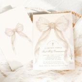 Invitation First Holy Communion Neutral Bow Pearls Gold