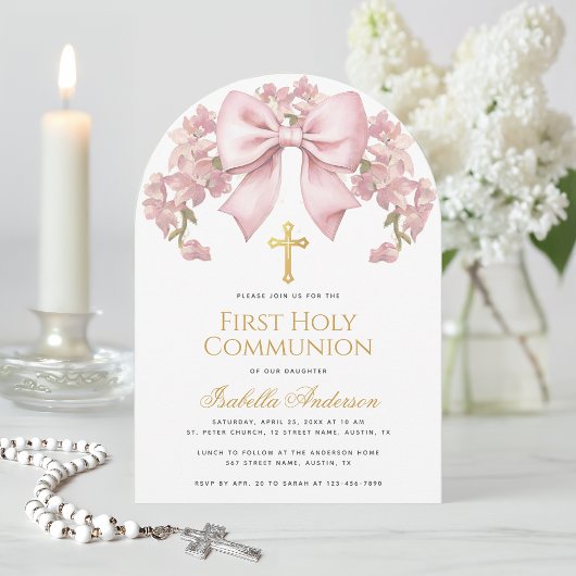 Invitation First Holy Communion Pink Bow Floral Elegant Girl