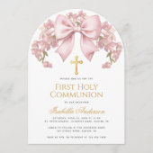 Invitation First Holy Communion Pink Bow Floral Elegant Girl (Devant)