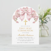 Invitation First Holy Communion Pink Bow Floral Elegant Girl (Debout devant)