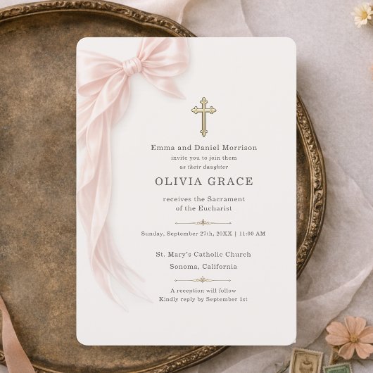 Invitation First Holy Communion Pink Bow Girl