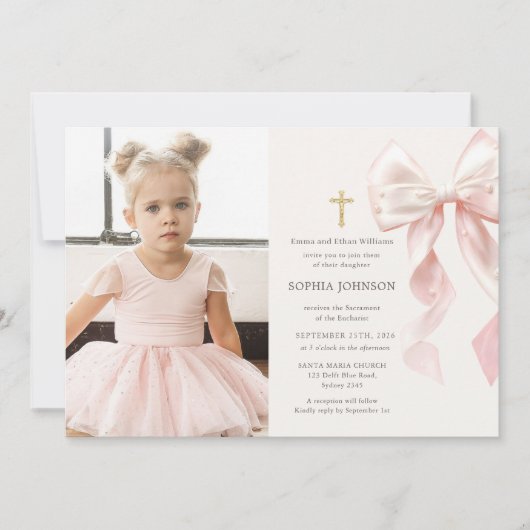 Invitation First Holy Communion Pink Bow Girl Photo (Devant)