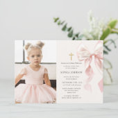 Invitation First Holy Communion Pink Bow Girl Photo (Debout devant)