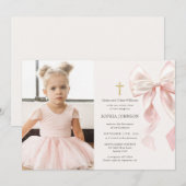 Invitation First Holy Communion Pink Bow Girl Photo (Devant / Derrière)