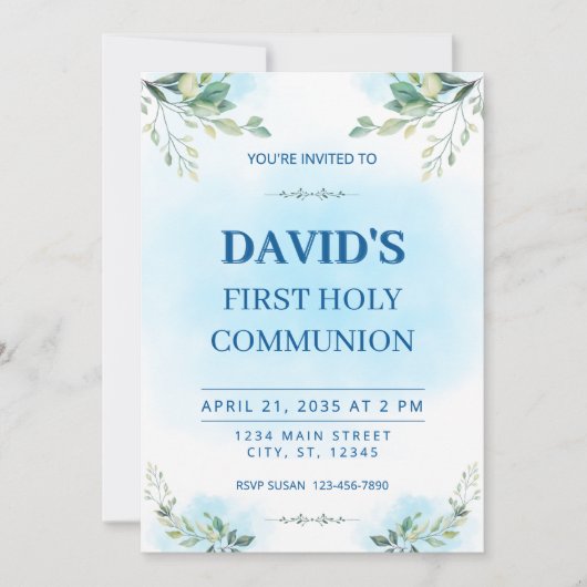 Invitation First Holy Communion Watercolor Greenery Blue  (Devant)