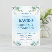Invitation First Holy Communion Watercolor Greenery Blue  (Debout devant)