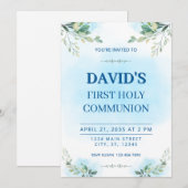 Invitation First Holy Communion Watercolor Greenery Blue  (Devant / Derrière)