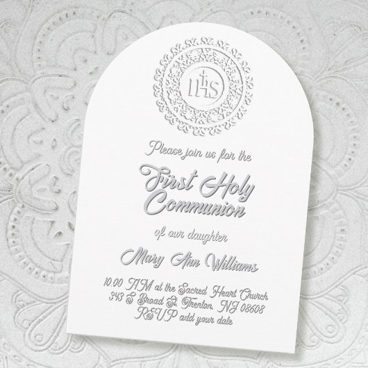 Invitation First Holy Communion white grey shadow text