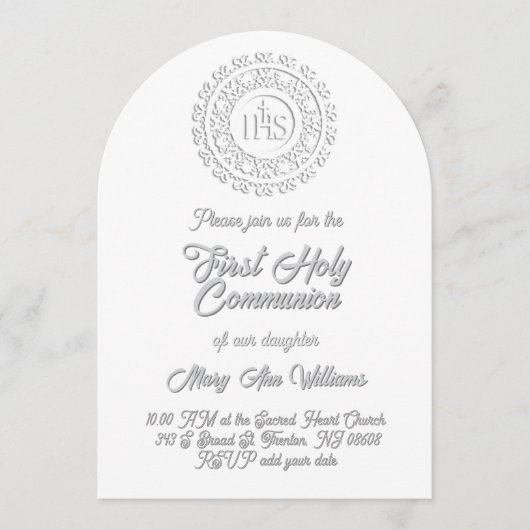 Invitation First Holy Communion white grey shadow text (Devant)