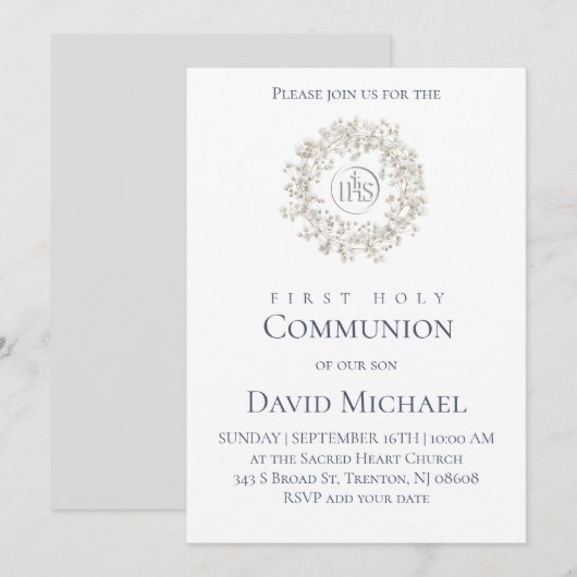 Invitation First Holy Communion white wreath (Devant / Derrière)