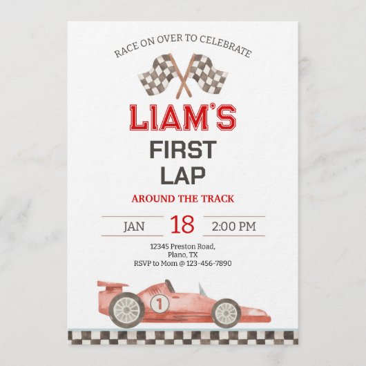 Invitation First Lap Around The Track Race Car 1st Birthday (Devant)