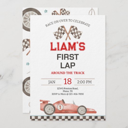 Invitation First Lap Around The Track Race Car 1st Birthday (Devant / Derrière)