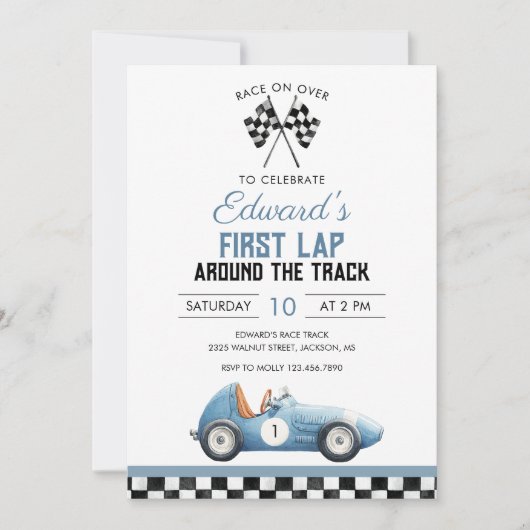 Invitation First Lap Blue Race Car 1st Birthday (Devant)